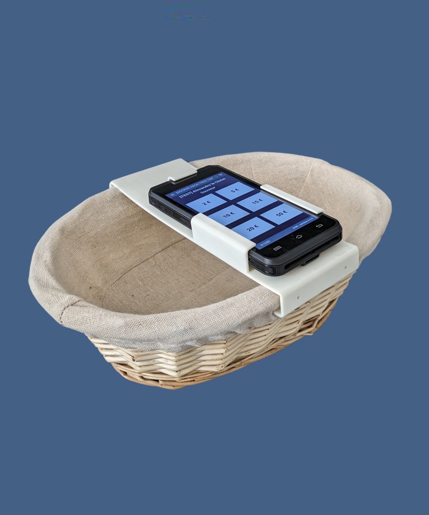 Panier de quête connecté HeoH avec terminal de paiement